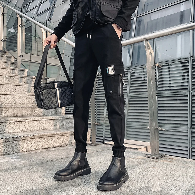 Pantalón bombacho de estilo harén informales gruesos para hombre, ropa  sencilla que combina con todos los bolsillos laterales, pantalones negros