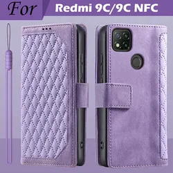Luxury Leather Wallet Phone Case - Premium Flip Cover for Redmi 9C NFC (Style 1 Purple)