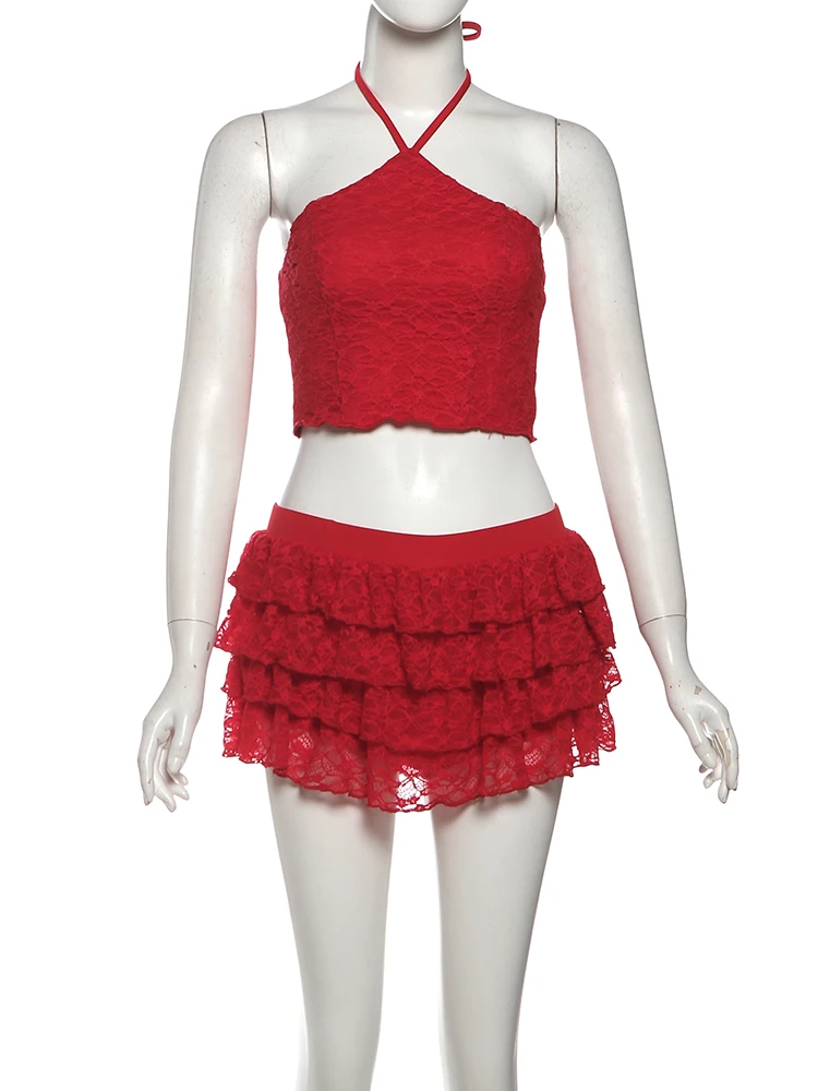 Nibber Chic 2 Piece Set Women Hottie Christmas Sexy Halter Sleeveless Tank Tops+Tierred Skirt Fashion Vacation Party Clubwear