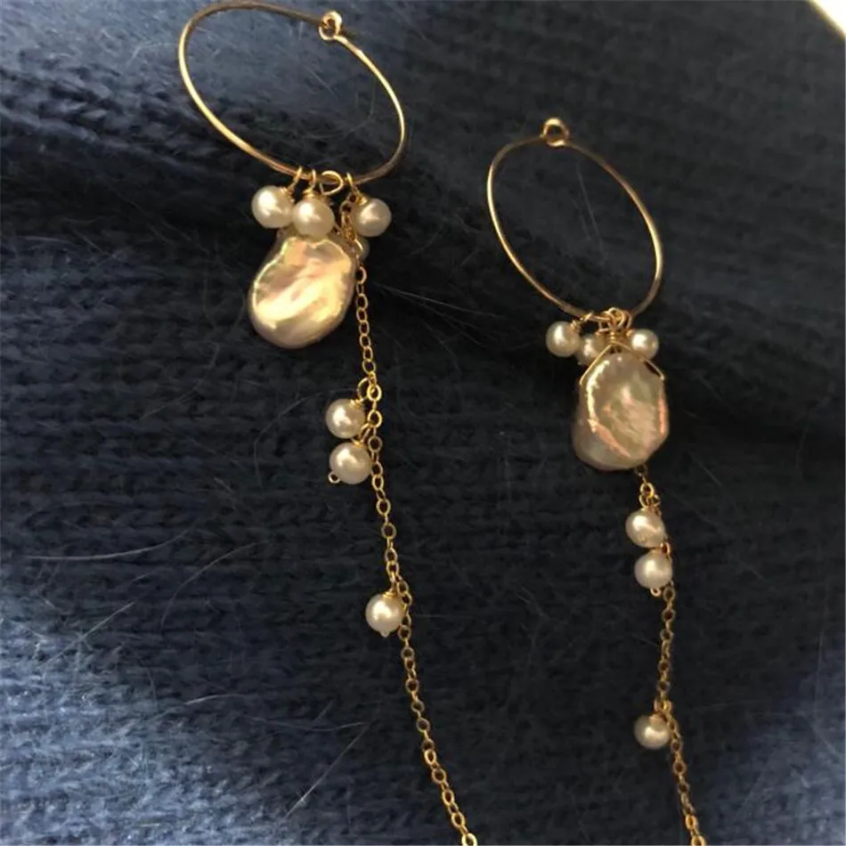 Natural White baroque Pearl Earrings Dangle 18K Chain lady gift Everyday Chandelier Wedding Gold Women Unisex Stud Modern Bridal