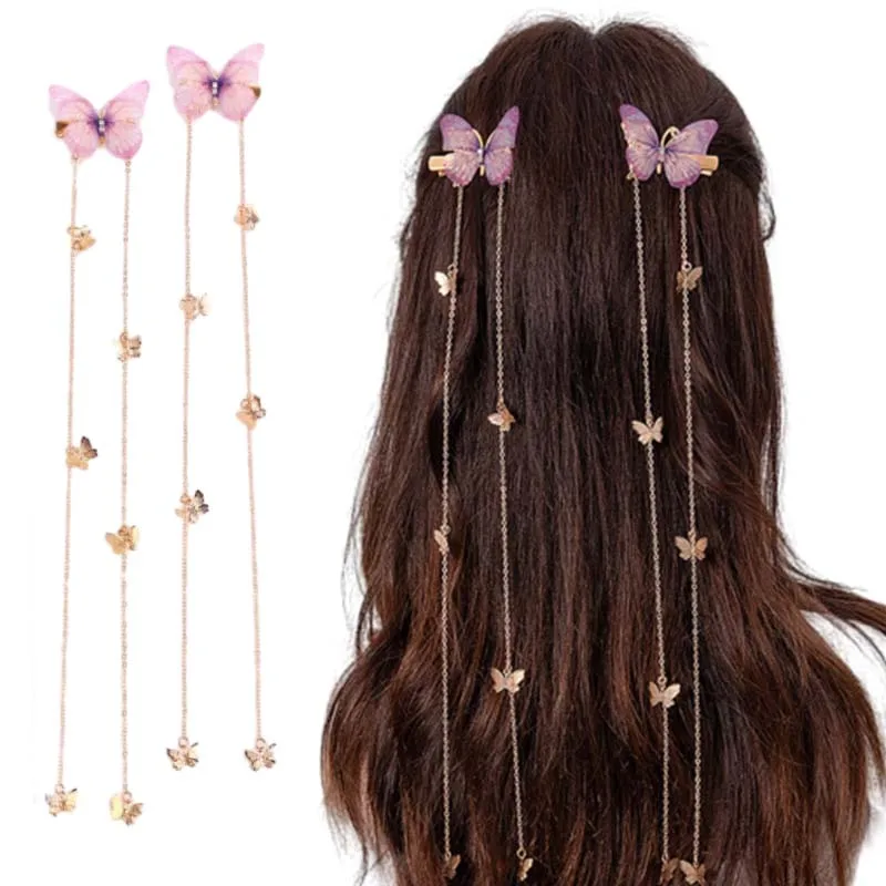 

ncmama 2Pcs/set New Butterfly Hairpins for Women Girls Korean Yarn Elegant Metal Tassel Long Hair Clips Party Hair Accessories