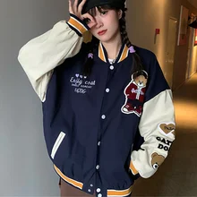 

Vintage Embroidery Bear Letters Baseball Jacket Women and Men Oversized Outerwear 2021 New Harajuku Korean Style Loose Jacket