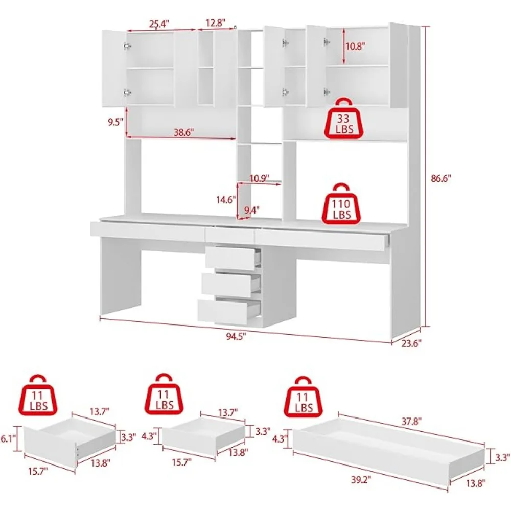 2-in-1Computer Desk for2Person with 82.7" Tall Bookshelf&3-Color Lights,90.6"L-Office Desk with4Drawers,14Shelves&6 Glass Doors 2