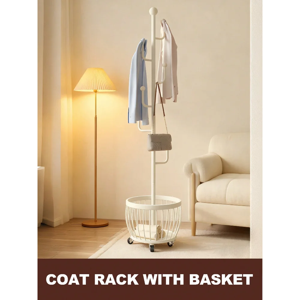 White Coat Rack With Storage Basket, Freestanding Clothes Rack, Coat Rack Stand For Hat Scarves Handbags Clothes, Modern Coat Ha