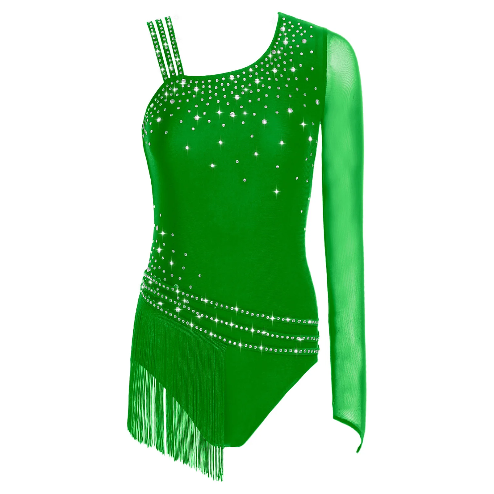 Damen Rhythmische Gymnastik Eiskunstlauf Ballett Latin Jazz Dance Trikot Kostüm Glitzernder Strass Quaste Fransen Body – Detail 4