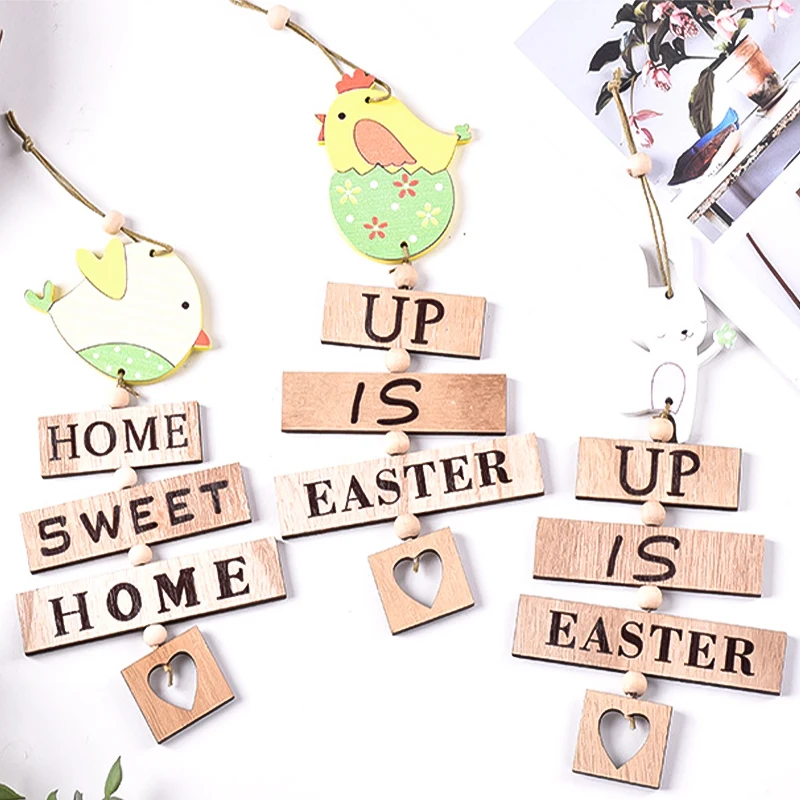 

Easter Day Wooden Pendants For Window Wall Door Hanging Ornaments Eggs Birds Rabbits Chickens Pendants Festival Supplies Decor