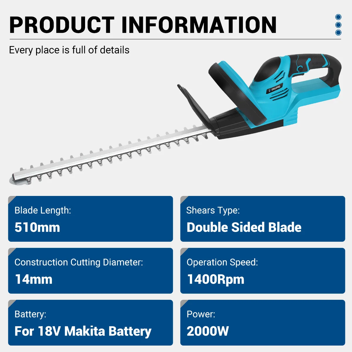 Drillpro 510mm Cordless Electric Hedge Trimmer Wireless Hedge Cutter Pruning Saw Dual-blade Garden Power Tool For Makita Battery 3