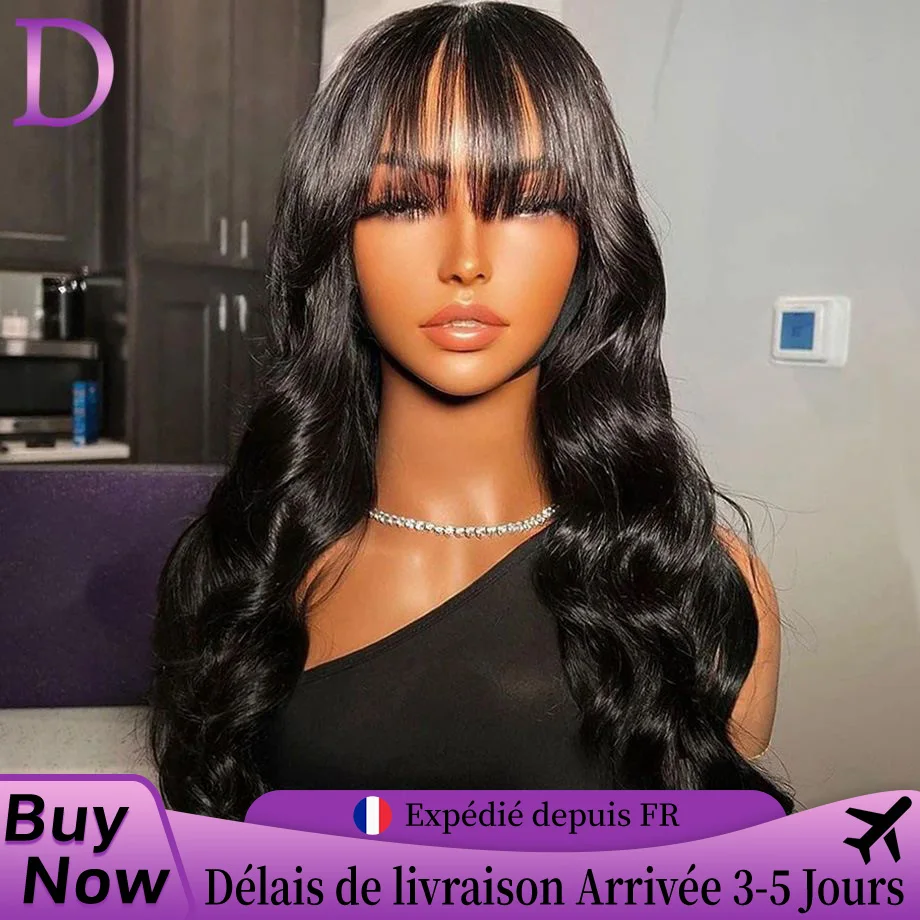 Body Wave Human Hair Wigs With Bangs For Women 34 Inch Brazilian 3x1 Middle Part Lace Realistic Look Fake Scalp Fringe Bangs Wig