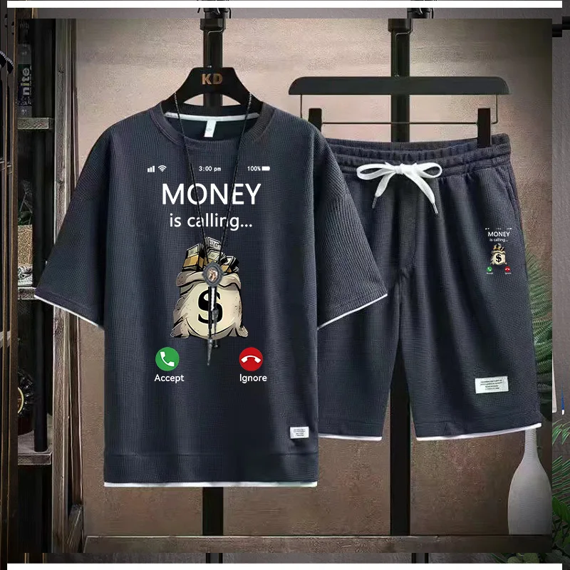 남성용 캐주얼 스포츠 세트, 라운드 칼라, 반팔, 루즈 셔츠, 반바지, 와플 스타일 의류, 개성 스트리트웨어, 여름,