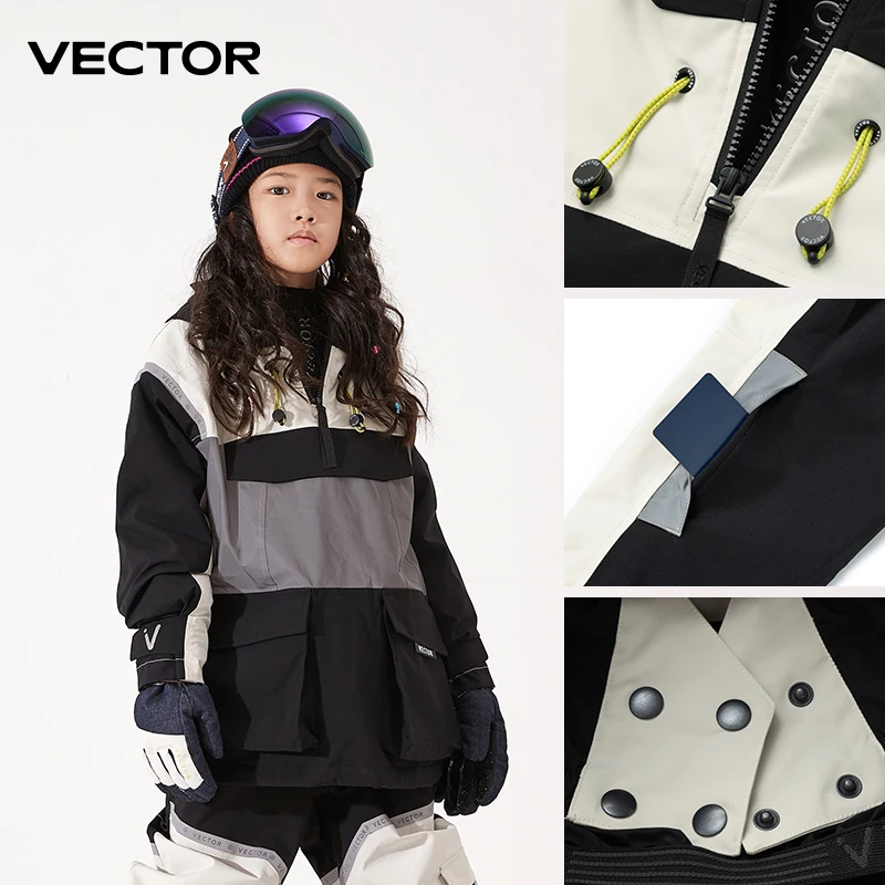 VECTOR Ski Wear Children Hooded Sweater Reflective Boys and Girls Ski Wear Thickened Warmth Waterproof Ski Equipment Ski Jacket 5