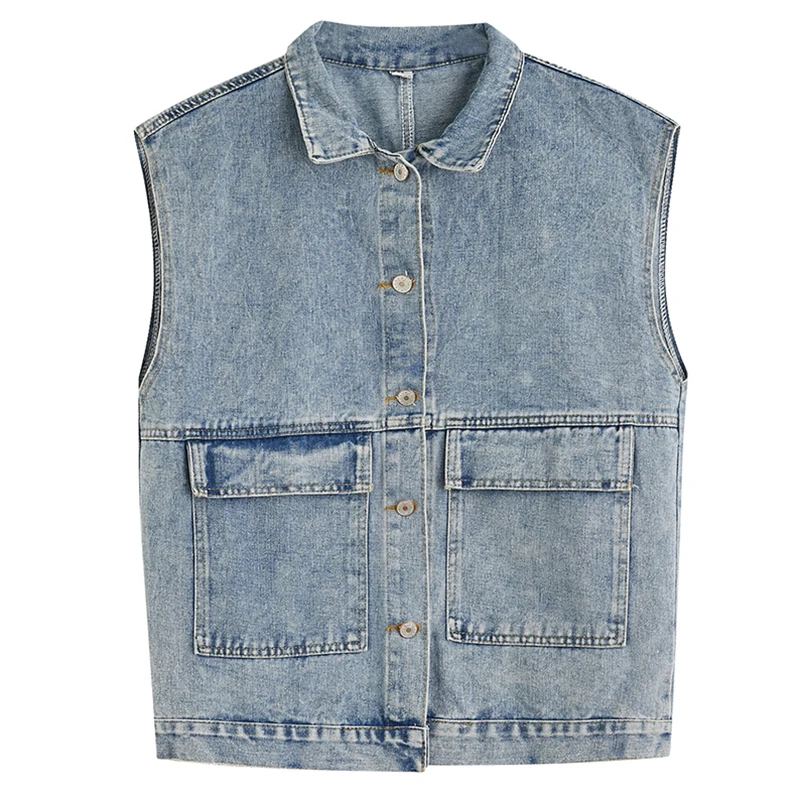 Women Denim Jacket Sleeveless Spring Loose Tops Solid Pockets Vest for Women Casual Coats