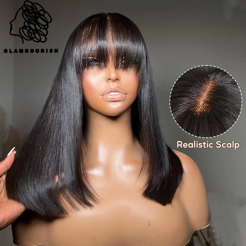 

Short Straight Bob Lace Wigs With Bangs Realistic Look Fake Scalp Glueless Wigs 100% Brazilian Virgin Human Hair for Black Women