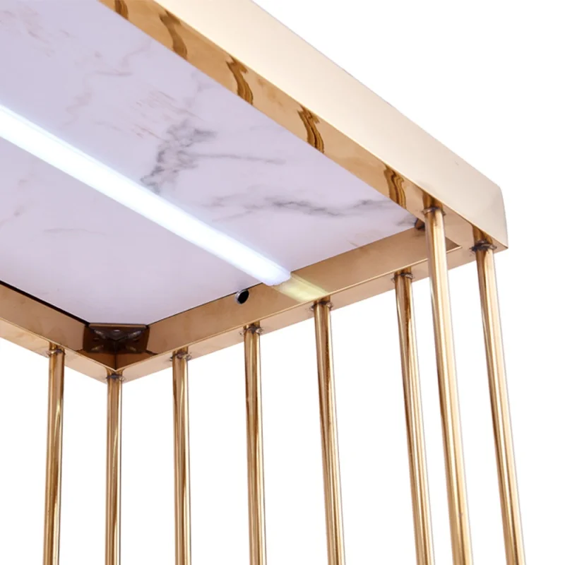 custom，Complete Set For Sale Multilayer Rose Gold Display Stand Fixture With Led For Shoe Bag Clothing Store Interior Design