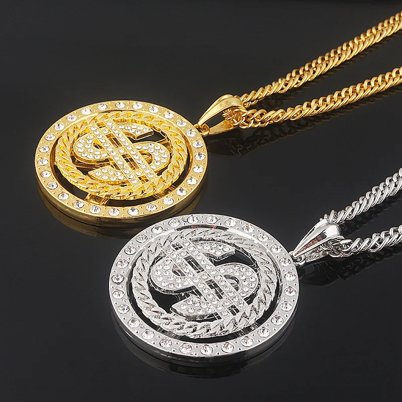 

Hip-hop Rotating Dollar Pendant Necklace Iced Out Rhinestone Gold Silver Color Long Chain Necklace Men Women Rock Rapper Jewelry