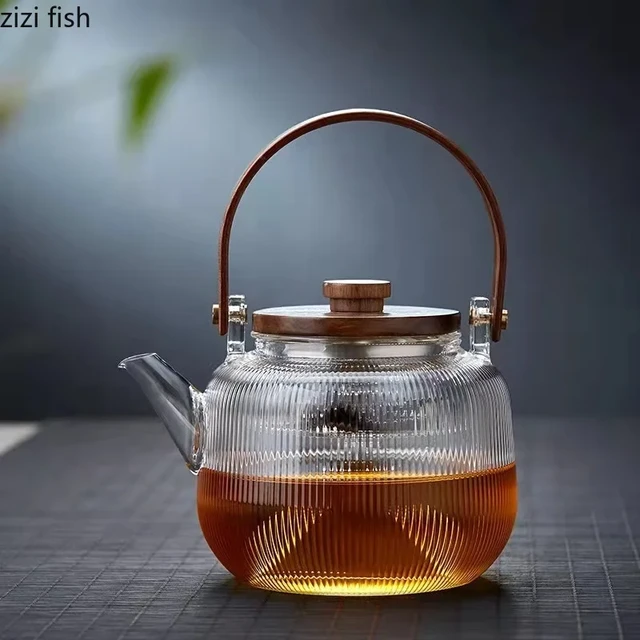 Glass Tea Pot with Infuser, Wood Handle Tea Kettle, Water for Juice Beverage