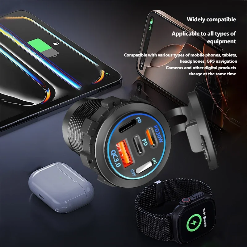 Caricabatteria da auto 12-24V USB Pd3.0 Qc3.0 Caricatore multifunzione per auto Luce blu con interruttore a chiave adatto per auto navi e camion - immagine 5