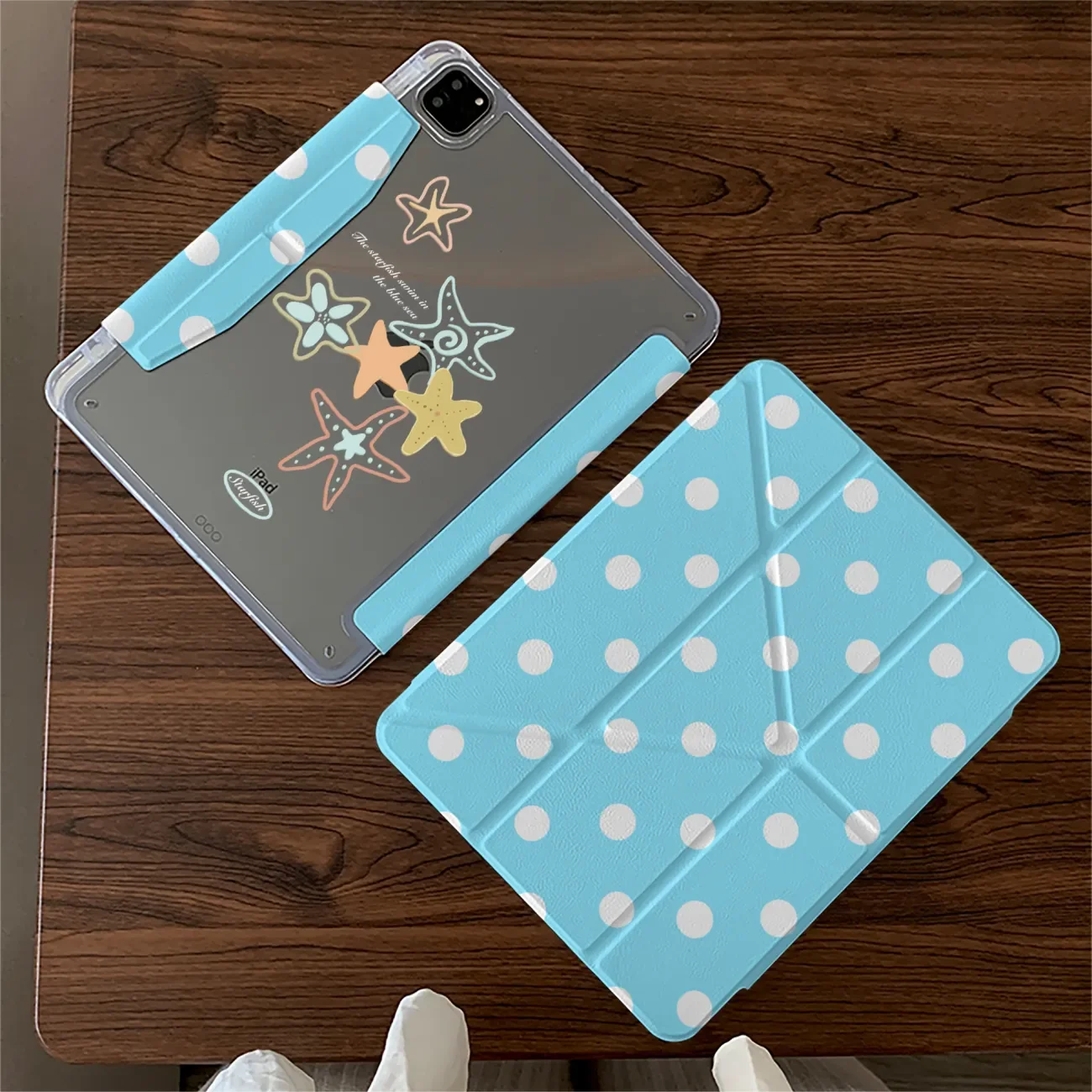Summer Fresh White Wave Point Adhesive iPad Case with Buckle Edge Design