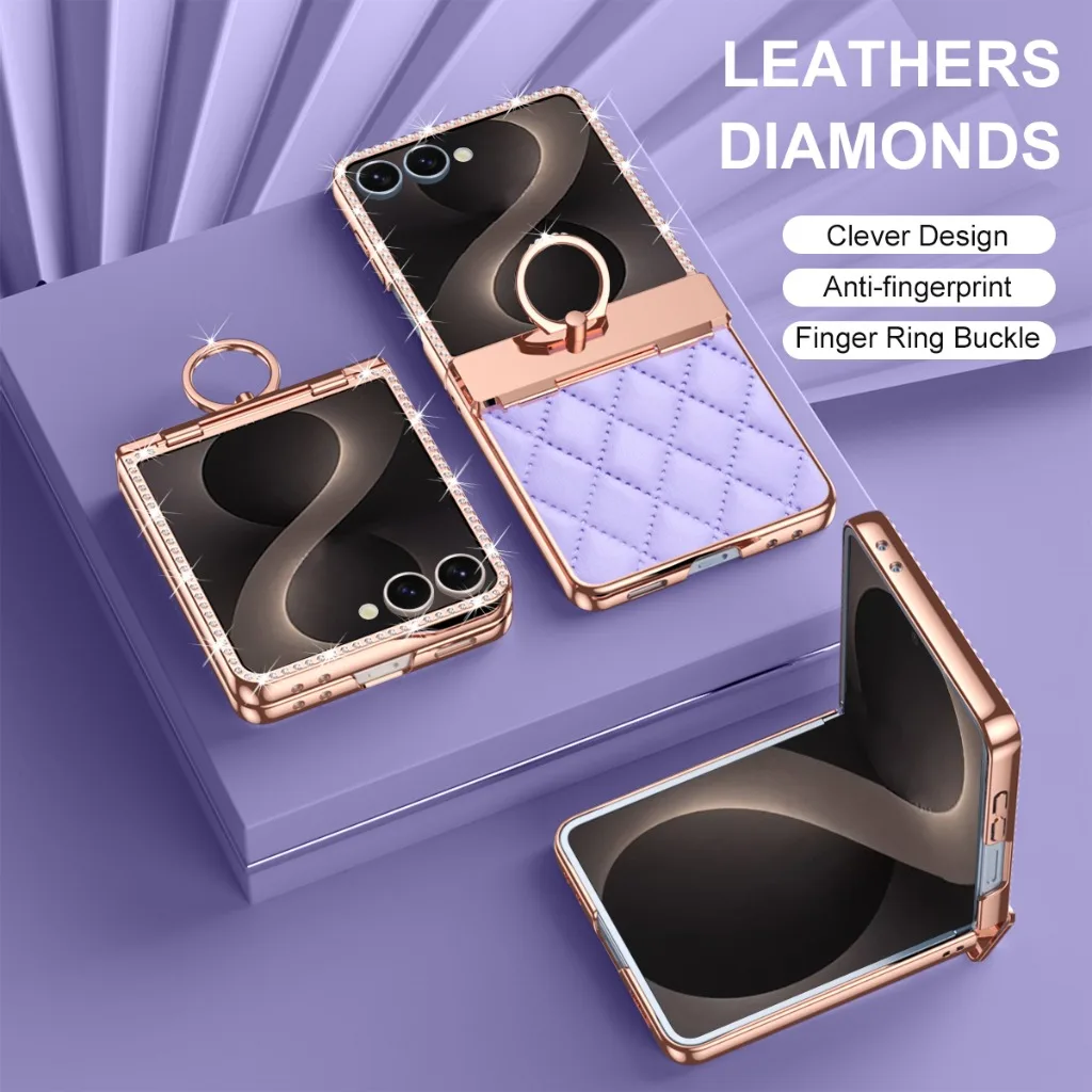 Luxury Bling PU Leather Phone Case with Hinge Ring Holder Stand and Electroplated Frame Cover
