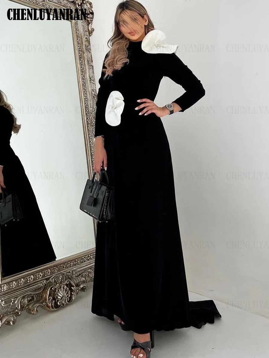 

Velour Black Formal Occasion Dresses 2023 High Neck Elegant Ball Gowns Full Sleeves A-line Evening Party Gowns فساتين الحفلات