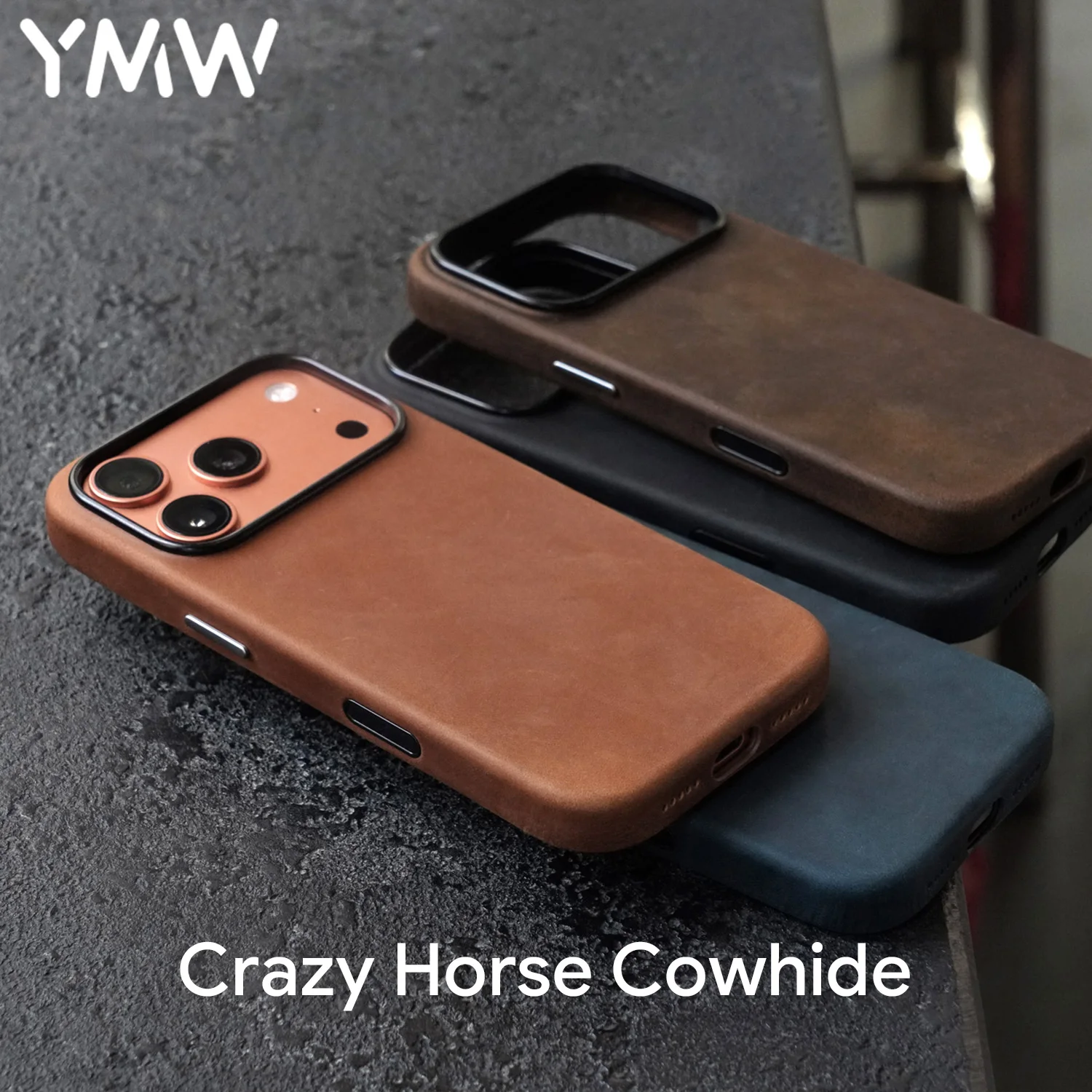 YMW Scratch Resistant Crazy Horse Leather Magnetic PULL-UP Cowhide Phone Case