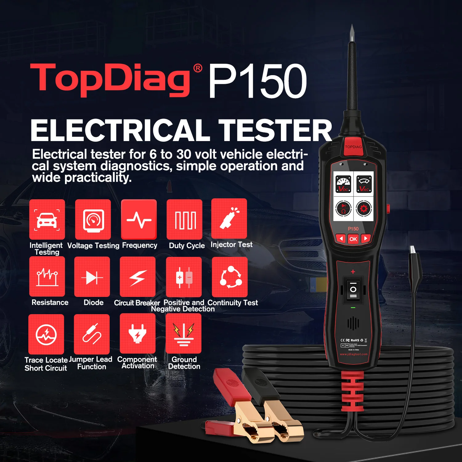 

Topdiag P150 Automotive Electrical Circuit Tester Power Circuit Probe Kit Injector Battery Tester 12V 24V Car Diagnostic Tool