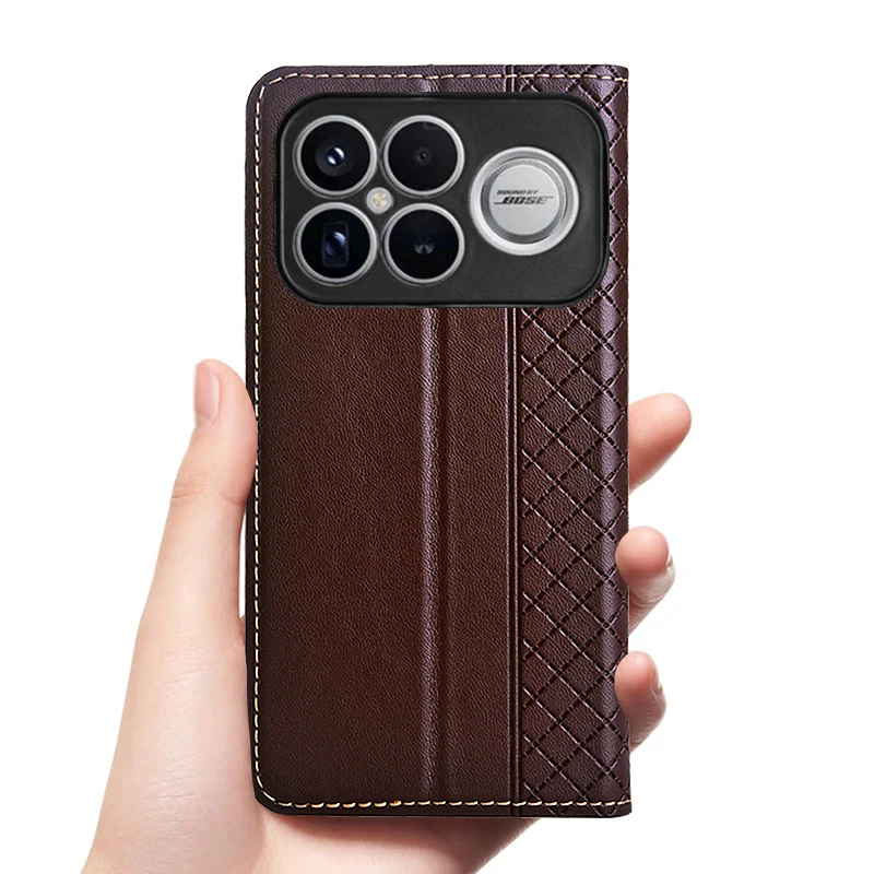 Genuine Leather Flip Wallet Case with Magnetic Closure and Card Pocket – Cowhide Grid Pattern