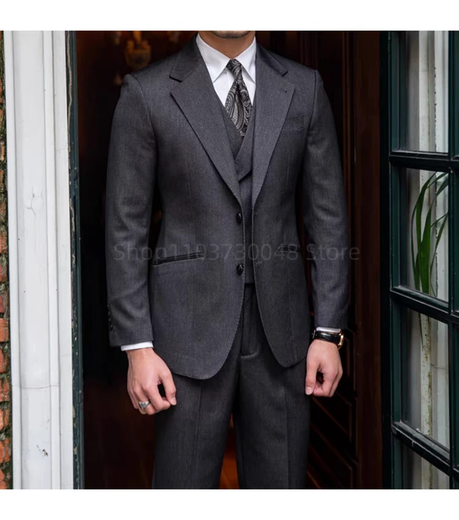 Elegant Dark Gray Men's Suits Gentleman Business British Suits Set Banquet Host Casual Wedding Business Suits(Blazer+Vest+Pants)