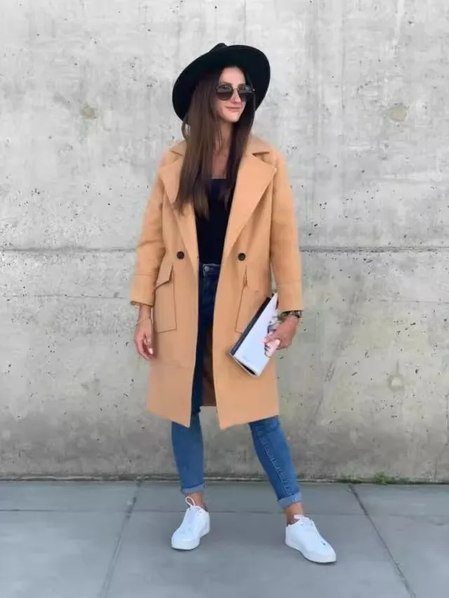 Women's long sleeved pockets decorated with solid colored woolen jackets loose Baidu commuting personalized printed clothing