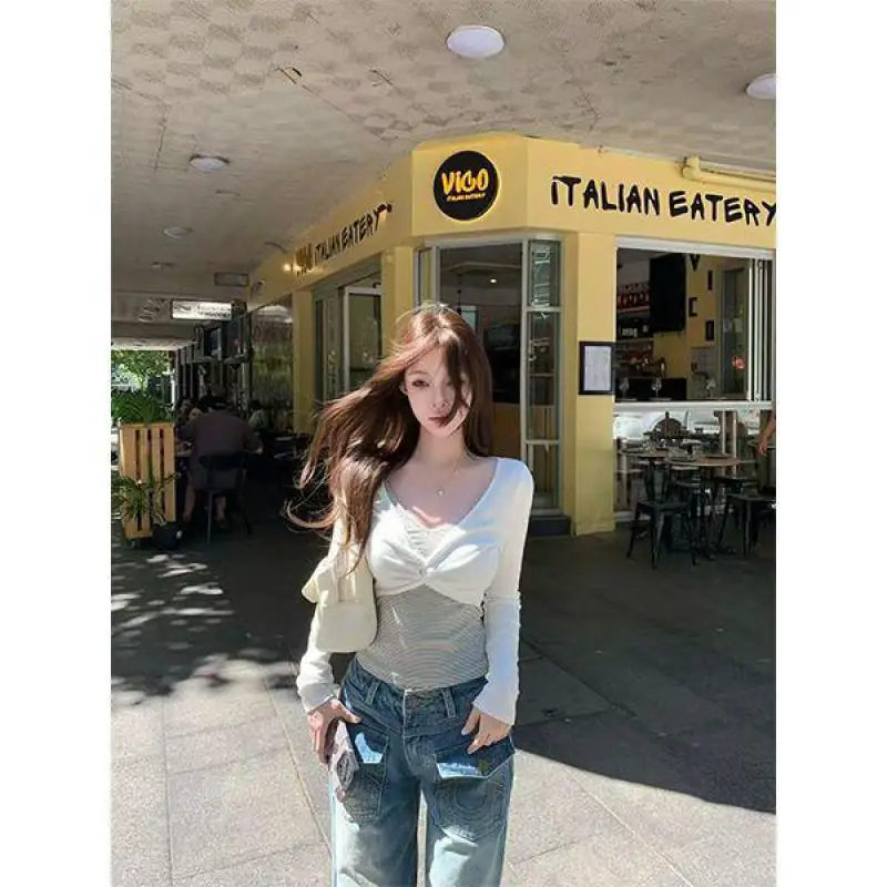 Seeslim Patchwork Fake Two Piece Tops Hotsweet Women's T-shirt Long Sleeve Autumn Spring Tops 2000s Clothes Y2k Slim Tshirt Tees 2