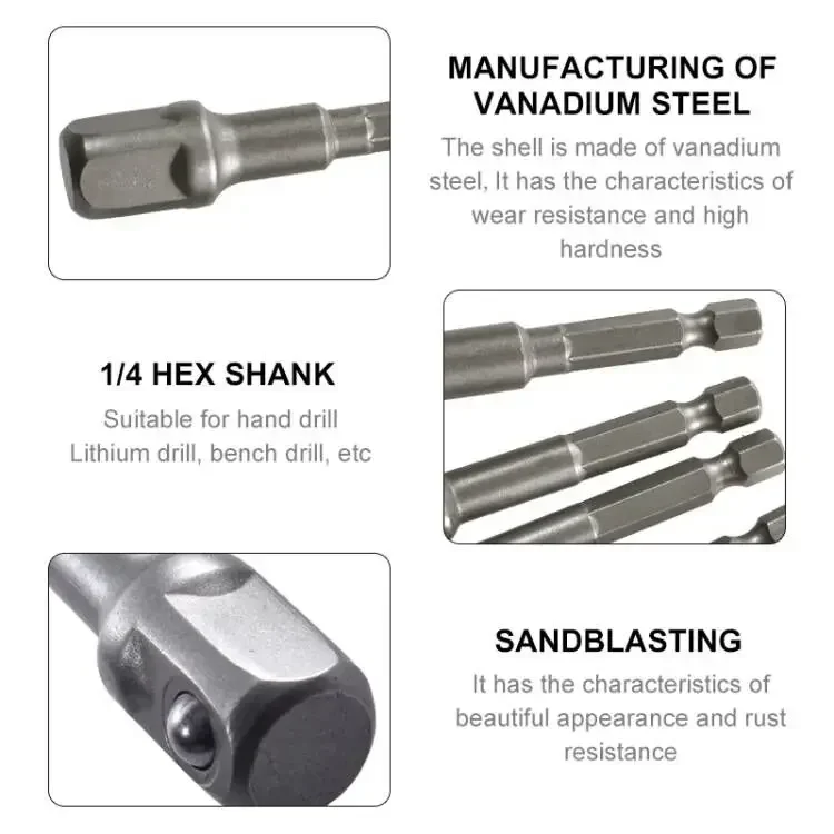 Chrome Vanadium Steel Socket Adapter Seth EX Shank to 1/4 "3/8" 1/2 "Extension Drill Bits Hex Bit Set Power Tools