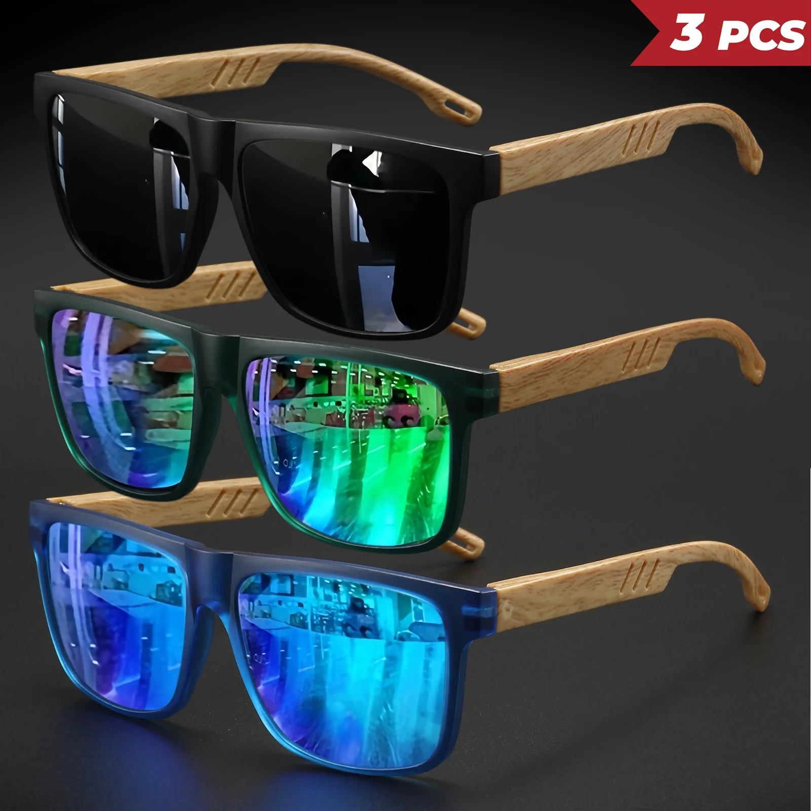 3PCS neue modische quadratische Sonnenbrille – Federscharnier mit Holzmaserung, UV400 Unisex zum Fahren, Wandern und Reisen