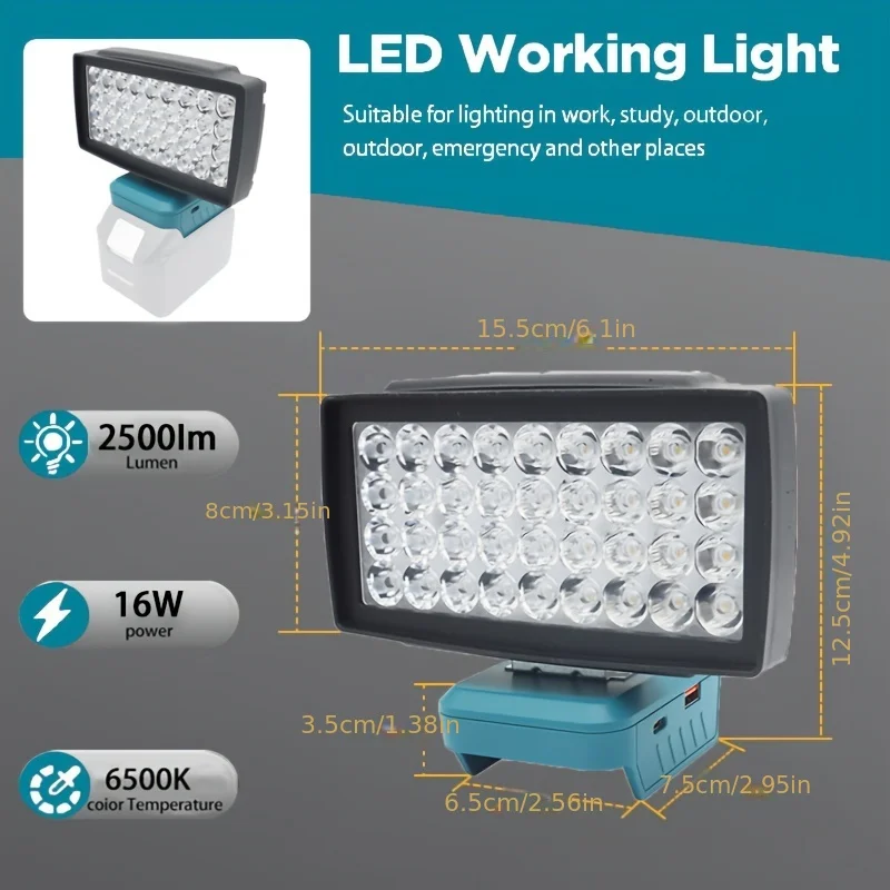 Portable LED Work Light For Makita 18V Battery 20W 3500LM USB Type C Charging Low Voltage Protection