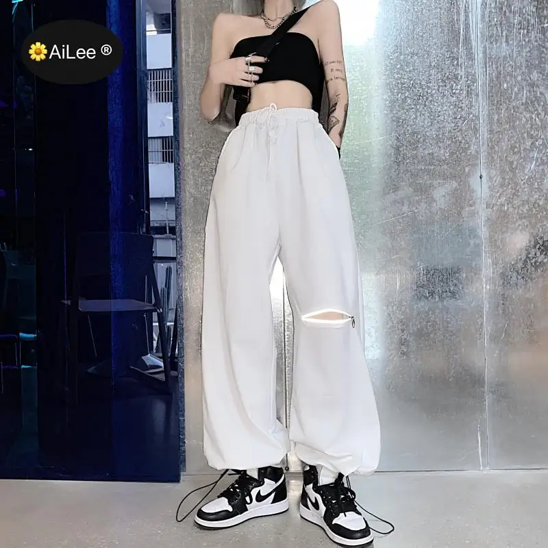 Ulzzang Ins Chic Cargo Baggy Pants Women Summer Thin Bar Disco Hole Streetwear Pants Night Club Hip Hop Dance Punk Moto Trousers