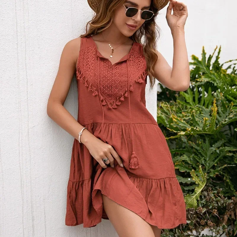 

2024 Casual Women Summer Tassel Lace High Waist Sleeveless Short Mini Dress Vestido De Mujer Solid Dresses Sundress Robe Fashion