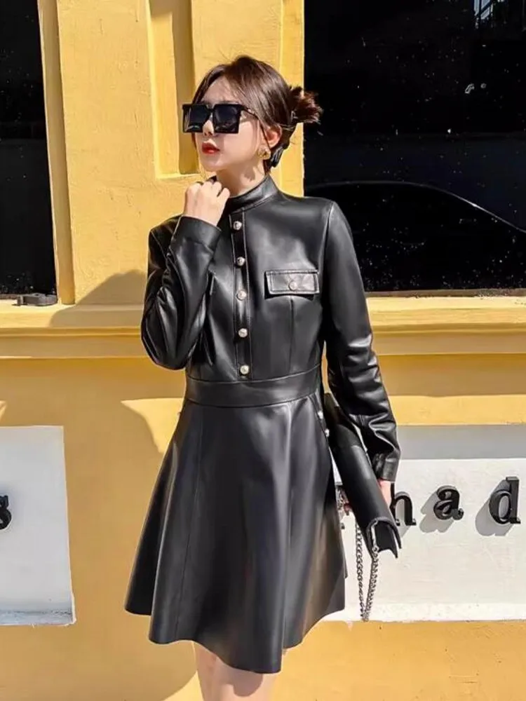 未使用タグ付　タン　TAN LAYERD DESIGN LONG DRESS 黒 Spring New Women Long Sleeve Stand Collar Sheepskin Genuine