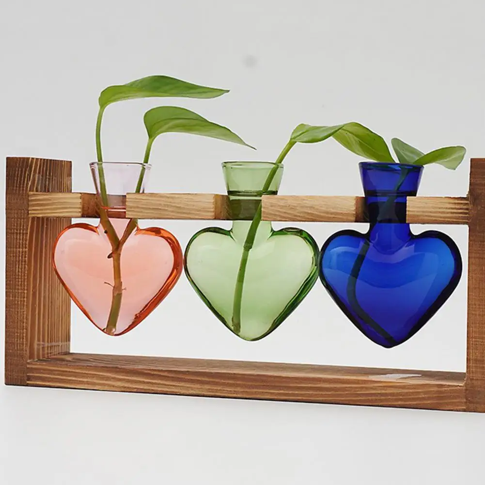 Retro Glass Plant Propagation Station with Wooden Frame – Heart-Shaped Hydroponic Vase for Indoor Plants, Desk & Home Decor 2