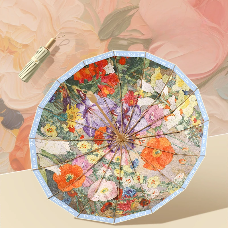 Folding Umbrella Sunshade Parasol Color Coating 3 Folding Oil Painting Sunscreen UV Protection Retro For Women