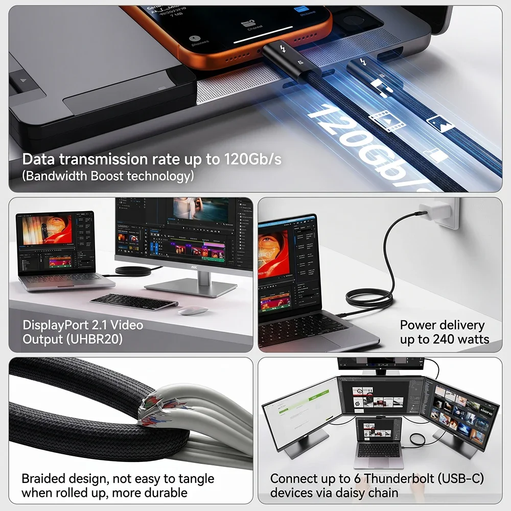 썬더볼트 5 동축 케이블 USB4 타입 C to 타입 C 120Gbps PD 240W 고속 충전 케이블 16K 맥/PC 호환 풀 기능 지원