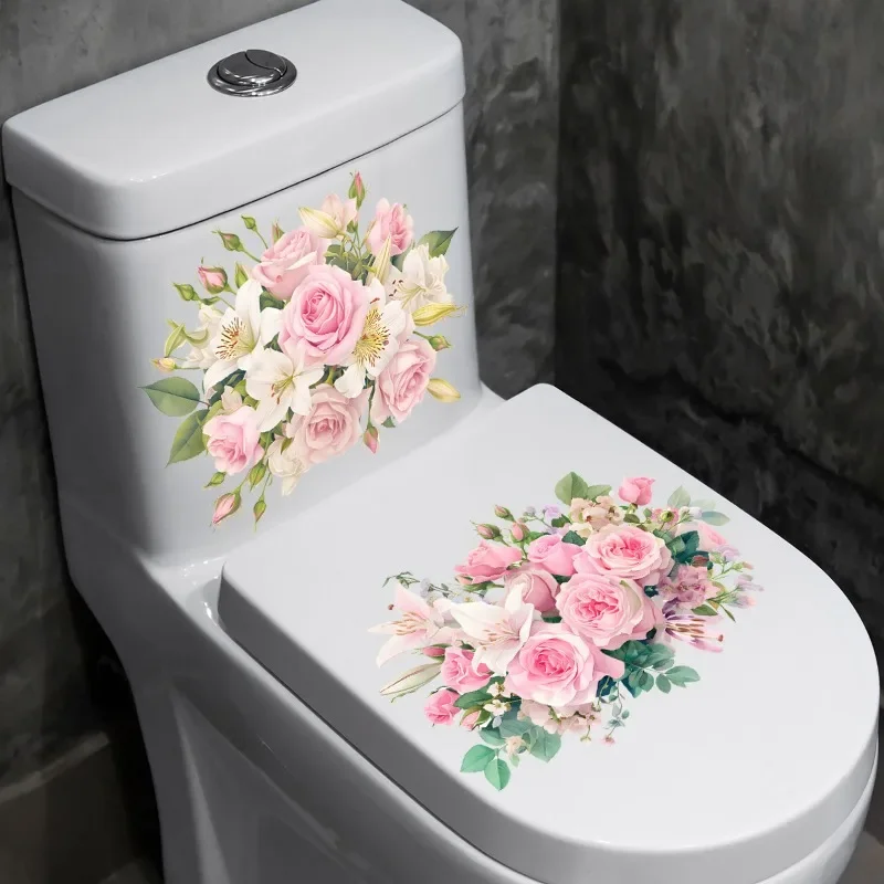 Natural Plants Pink Flower Leaf Toilet Stickers 2pcs for Home Bathroom Waterproof Self Adhesive Wall Background Stickers