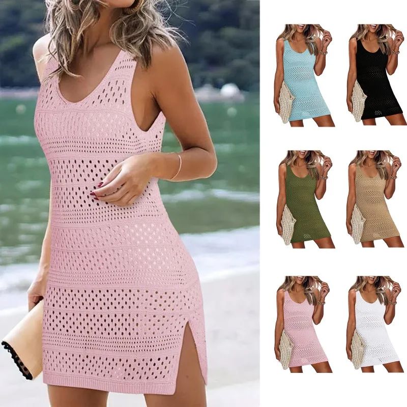 

2024 summer new women's hot selling solid color hollow sexy knit dress