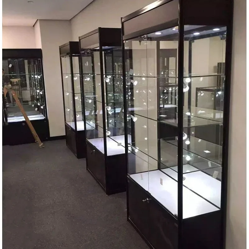 

Custom cheap glass display showcase for shop locable LED light smoke shop showcase