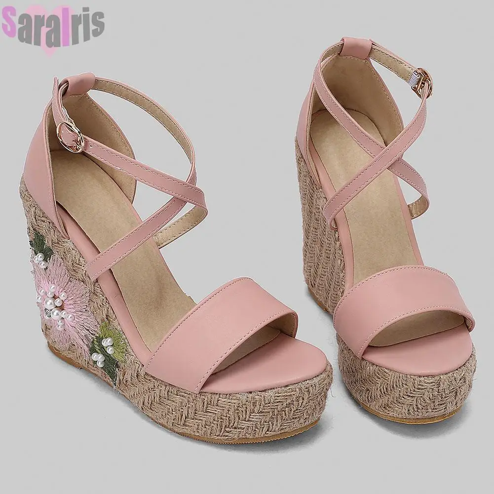 

Women Sandals Summer Straw Wedges High Heels Platform Floral Bohemia Vacation Shoes Woman Elegant Vintage Sweet Sandals Ladies