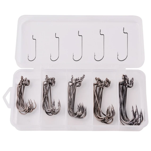 50pcs/box Fishing Offset Worm Hooks EWG-Offset Mixed Size Fishing Hooks  Round Bend Offset Worm Hooks Wide Gap with Barbed Shank - AliExpress