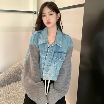 여성용 청바지 코트 크롭 데님 재킷, 니트 짧은 작은 패치워크 용수철 가을 겉옷, 프로모션 저렴한 가격 거래