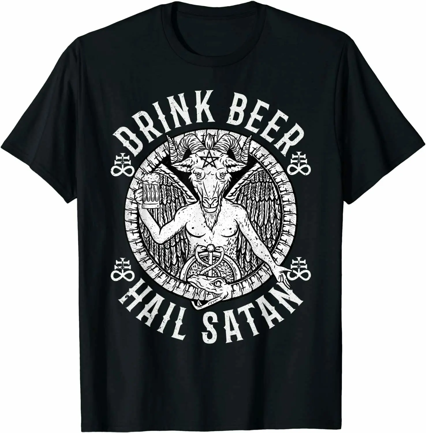 

Drink Beer Hail Satan Funny Satanic Baphomet T-Shirt Summer Cotton Short Sleeve O-Neck Mens T Shirt