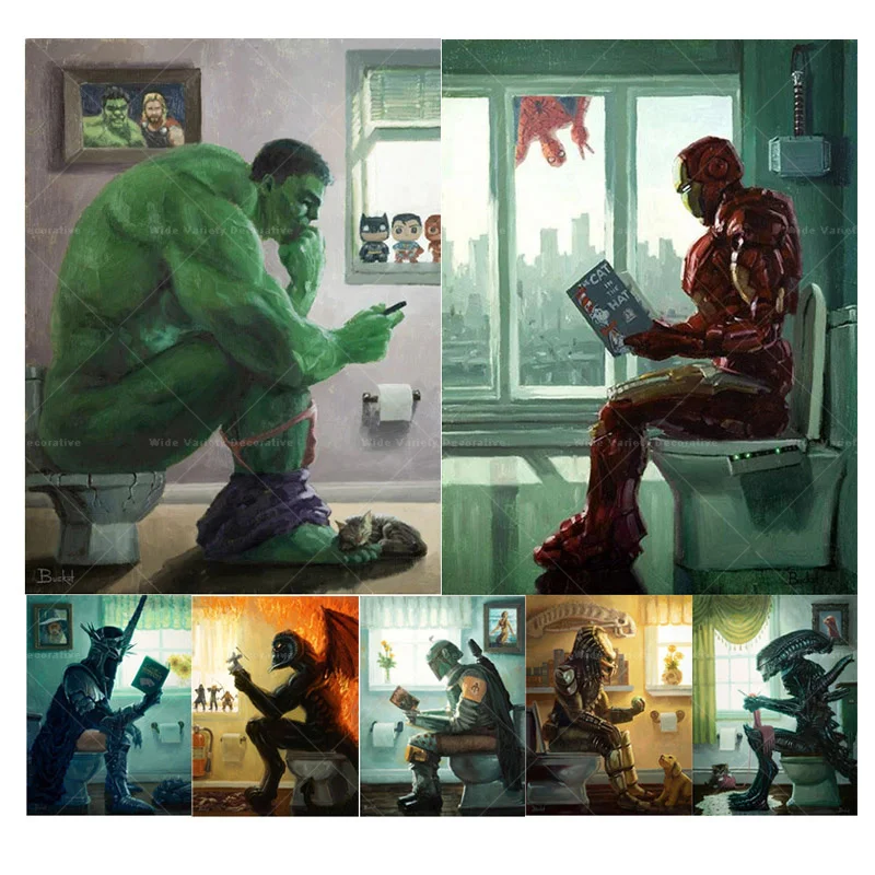 Pittura Su Tela Supereroe Iron Man Hulk Toilet Art Comics Marvel Star Wars Poster Stampe Boba Fett Home Bagno Wall Art Murale