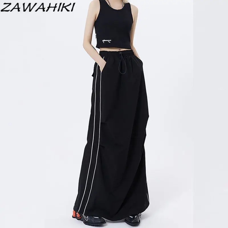 

Женская длинная юбка в полоску, повседневная однотонная свободная трапециевидная юбка с высокой талией и кулиской в американском стиле, уличная одежда на весну и осень