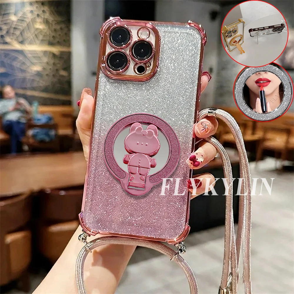 Rabbit Mirror Holder with Long Back Rope & Glitter Paper Soft Shell Case