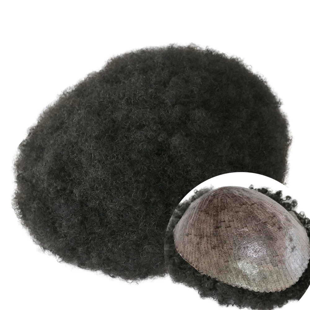 Durable Skin Afro Curly Mens Toupee 6mm Black Man Weave Hair Wig Grey Mixed Kinky Curly Male 100% Human Hair Replacement System