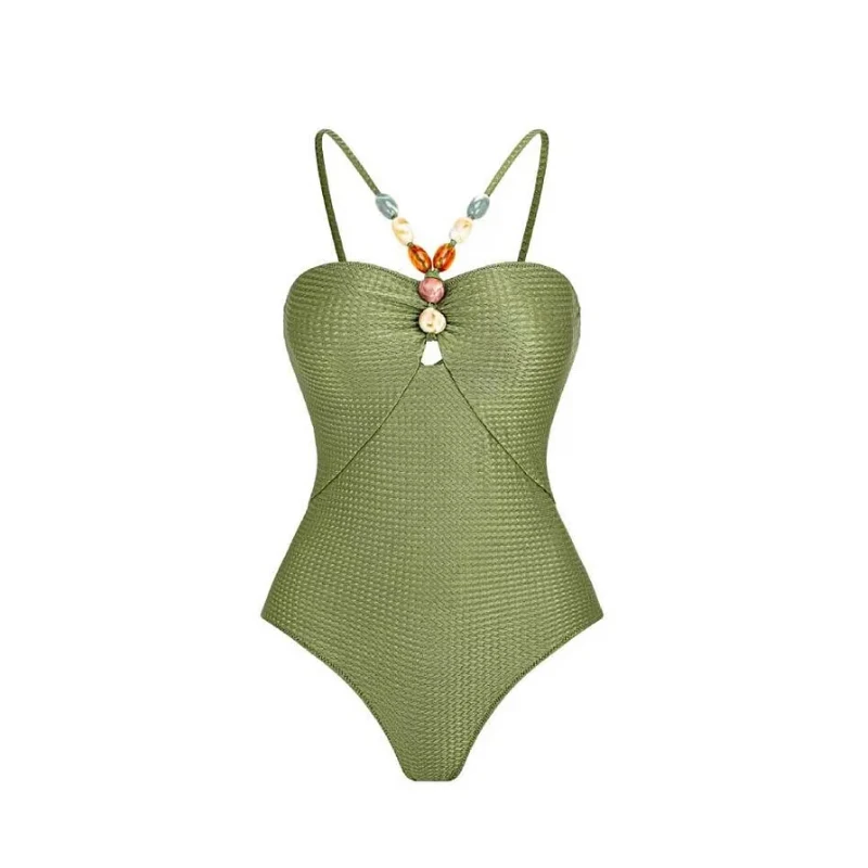2023 Women Summer Green Print Sexy Drawstring Swimsuit Sets Vacation Push Up Swimwear Beach Bikini with Skirt Bathing Suits